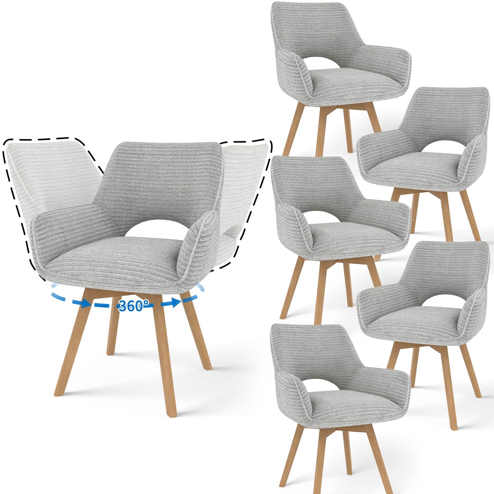 Swivel Dining Chairs Set of 6, 360° Swivel Upholstered Chairs with Armrests and Wooden Legs, Fabric Backrest for Kitchen, Living Room, Bedroom, Grey