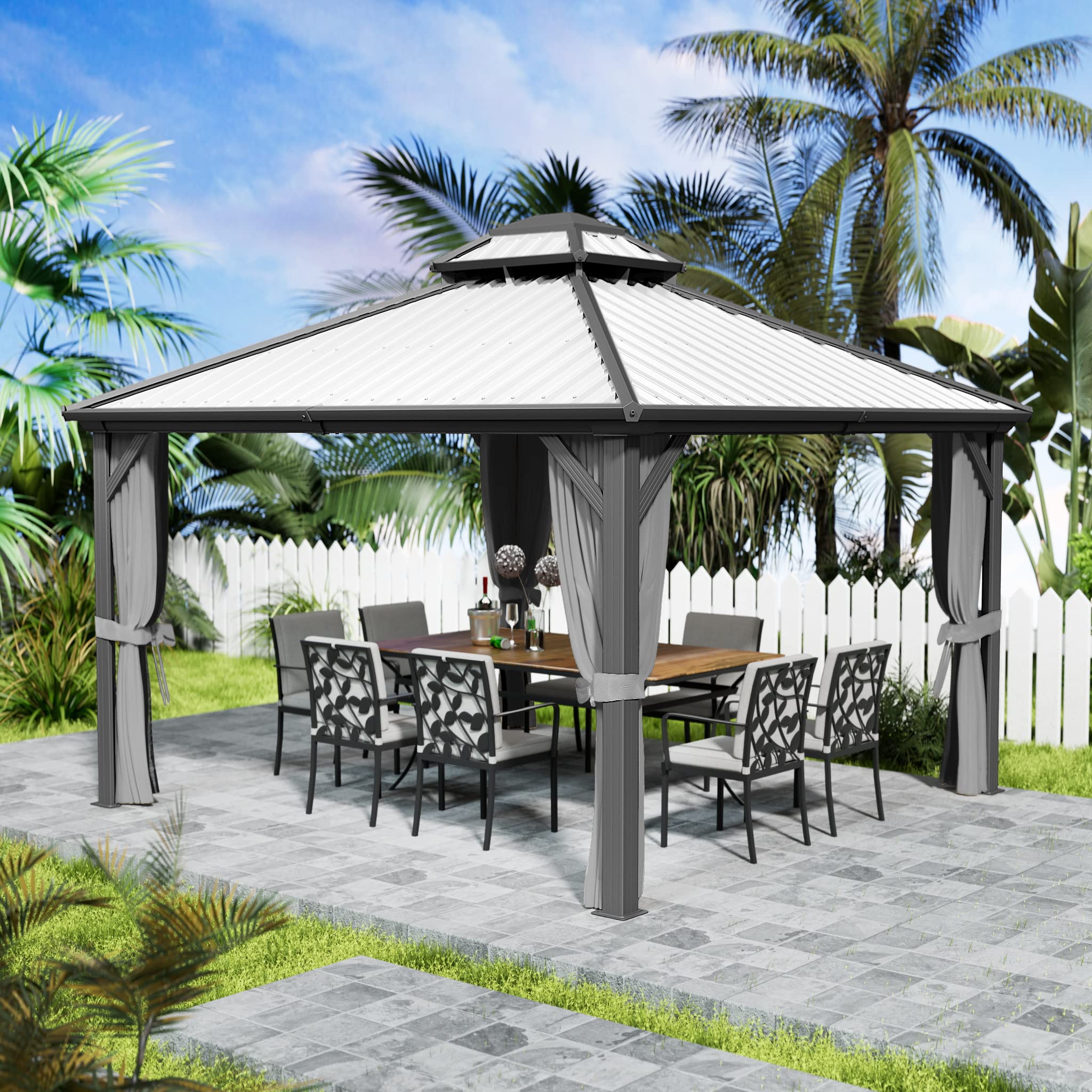 Kozyard Caesar 12'x12' Hardtop Gazebo - Permanent Metal Pavilion with Netting and Shaded Curtains for Patio, Backyard, and Deck - Galvanized Steel