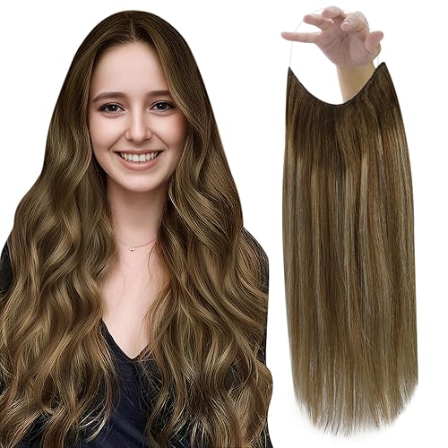 Fshine - Extensiones de cabello humano con alambre, balayage castaño cálido a rubio miel, 12 pulgadas, 2.47 onzas, extensiones de cabello humano