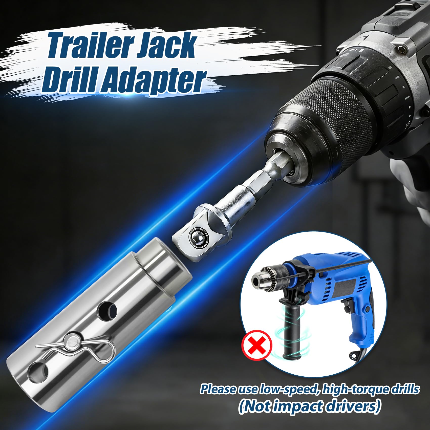 Adapter do wiertarki podnośnika przyczepy, ulepszony adapter wiertarki akumulatorowej ze stali nierdzewnej pasuje do wałów napędowych jack 1 "na 1/5.1 cm, zestaw bitów nasadowych w zestawie