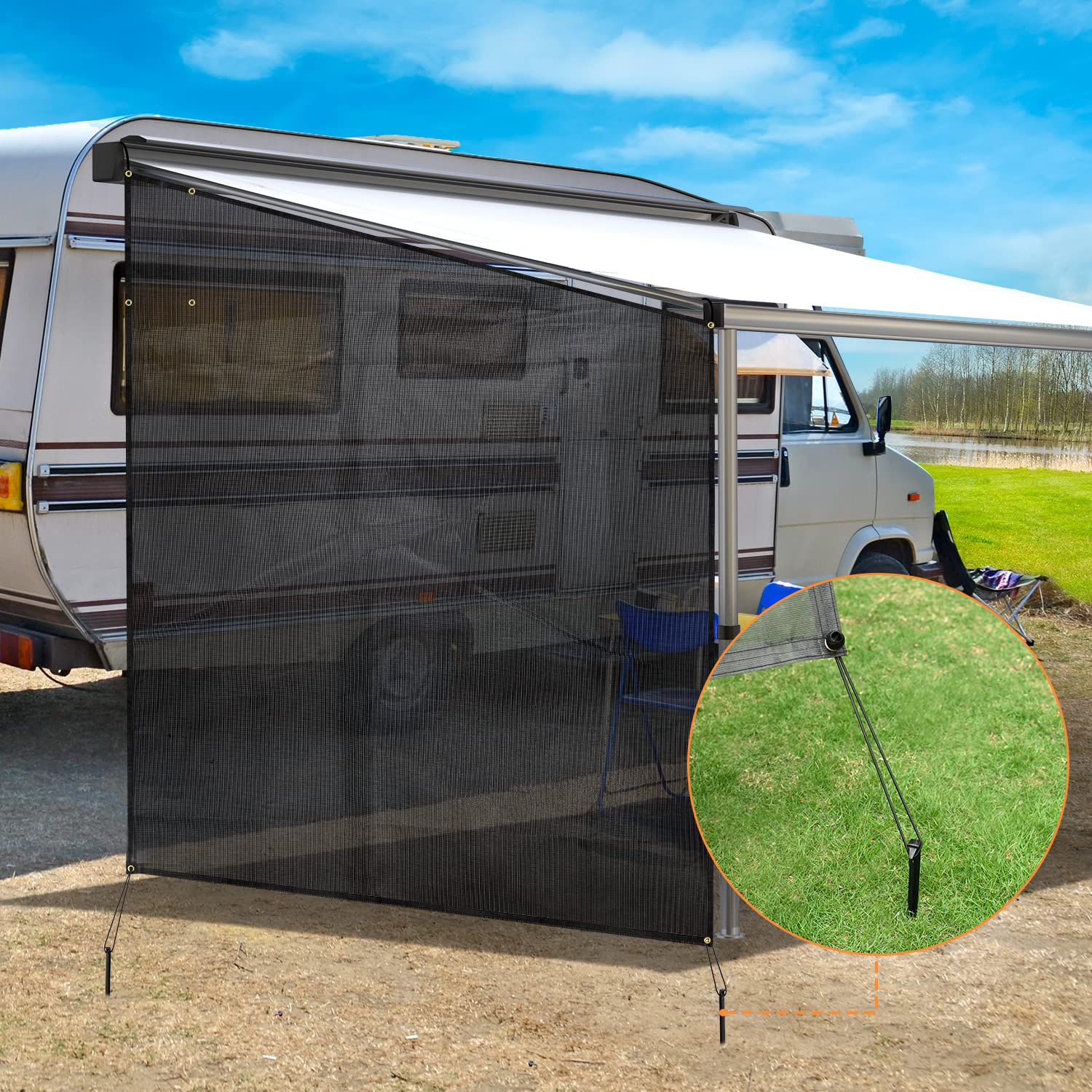 VIGORVAN RV Awning Side Shade, 9' X 7' RV Sunscreen Shades for Awning, Black Mesh Camper Awning