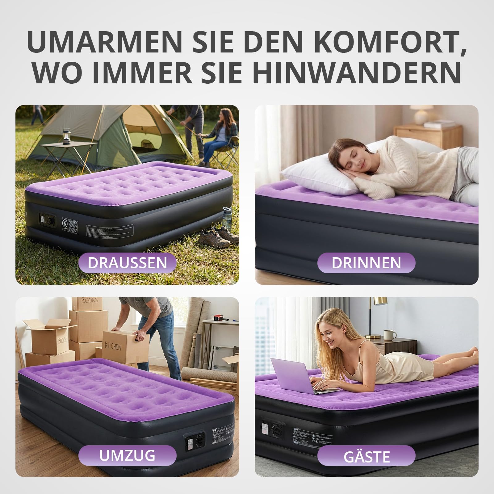 LEADZM Luftbett 1 Person, Selbstaufblasende Luftmatratze mit integrierter elektrischer Pumpe, 190x99x45 cm Gästebett, 3 Min Aufblasen, 204 kg Belastbarkeit, Flockoberfläche, Lila (Lila, Einzel)
