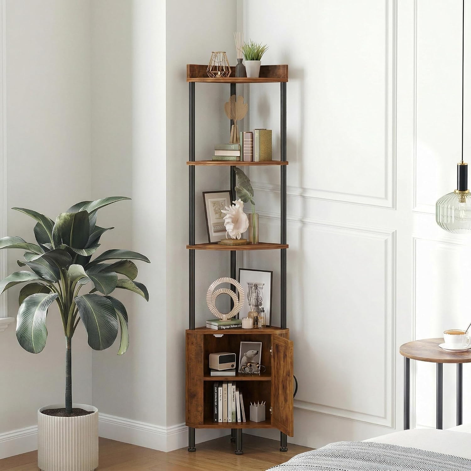 5-Tier Corner Shelf Storage Organizer for Small Space | Sturdy engineered wood freestanding, dust-proof storage for living room, kitchen, office & entryway display & organization