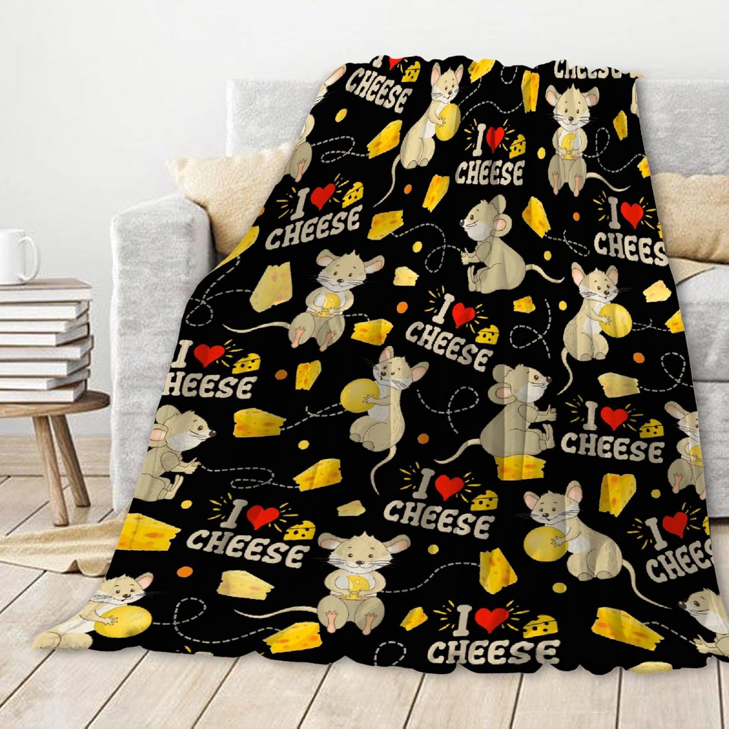 Food Cheese Throw Blanket,Funny Food Blankets Gift,Cozy Soft Fuzzy Plush Cartoon Mouse with Cheese Blanket Opossum Lightweight Flannel Quilt Room Bed Sofa,40"x50"-Throw Size for Kids