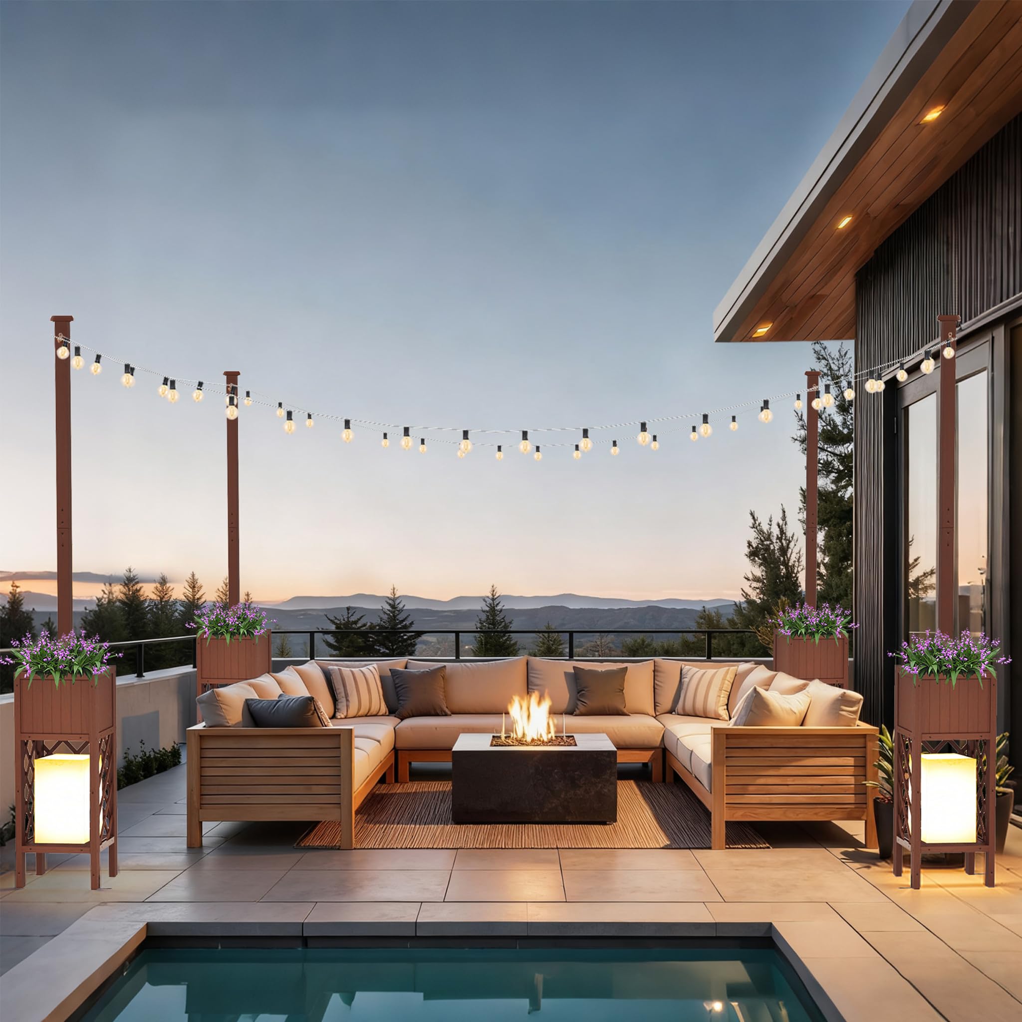 Set di 2 Pali per Catene Luminose da Esterno con Fioriera, Altezza 264cm, Legno Massiccio Resistente alle Intemperie & Antivento, Supporto 3-in-1 per Giardino, Terrazzo & Matrimoni (Senza Decorazioni)