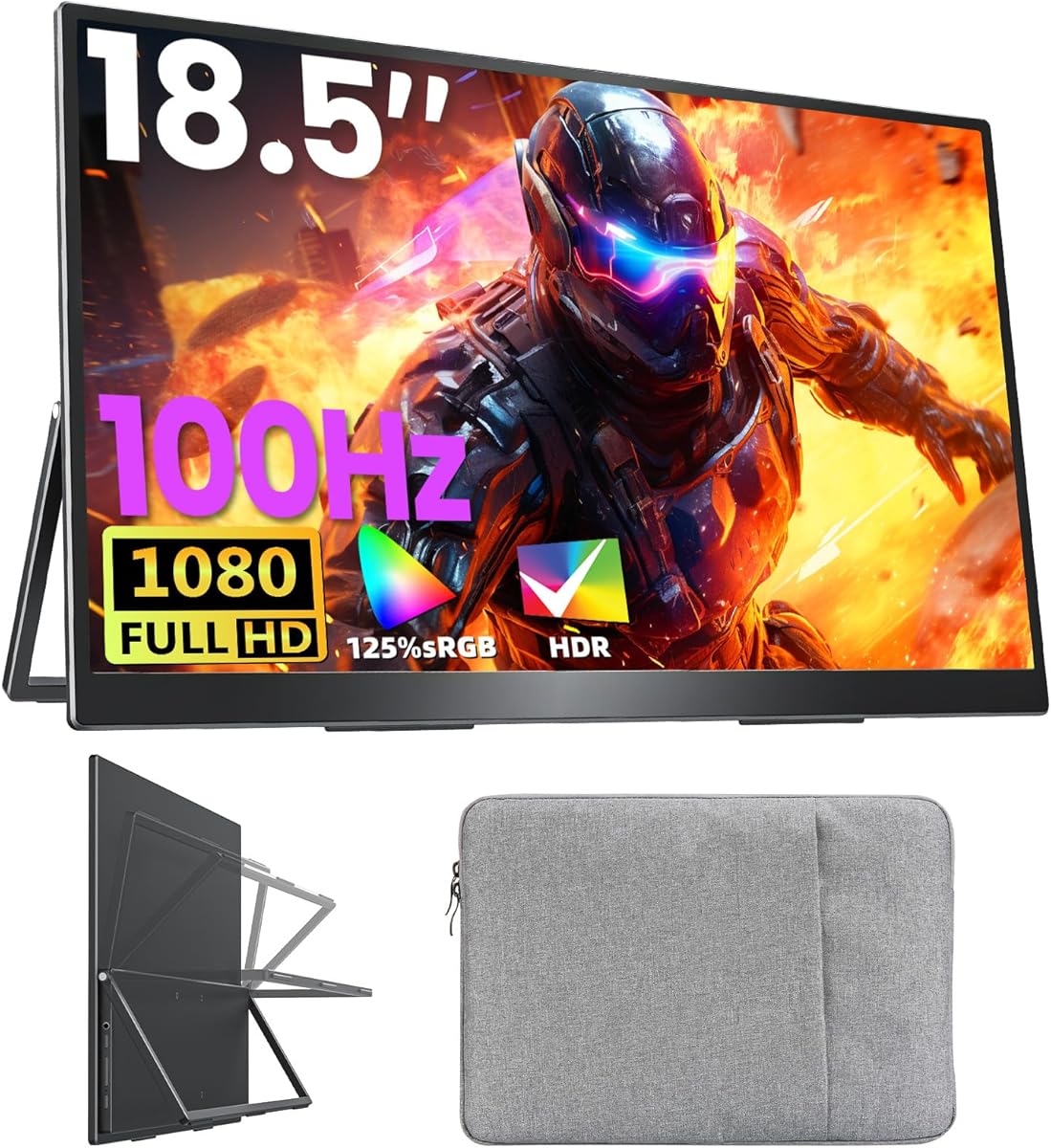 Portable Monitor 18.5 inch FHD 125% sRGB 100Hz IPS HDR HDMI USB-C Travel Monitor for Laptop MacBook PC Surface PS5 Xbox, Large External Display with Kickstand & Speakers, VESA Compatible