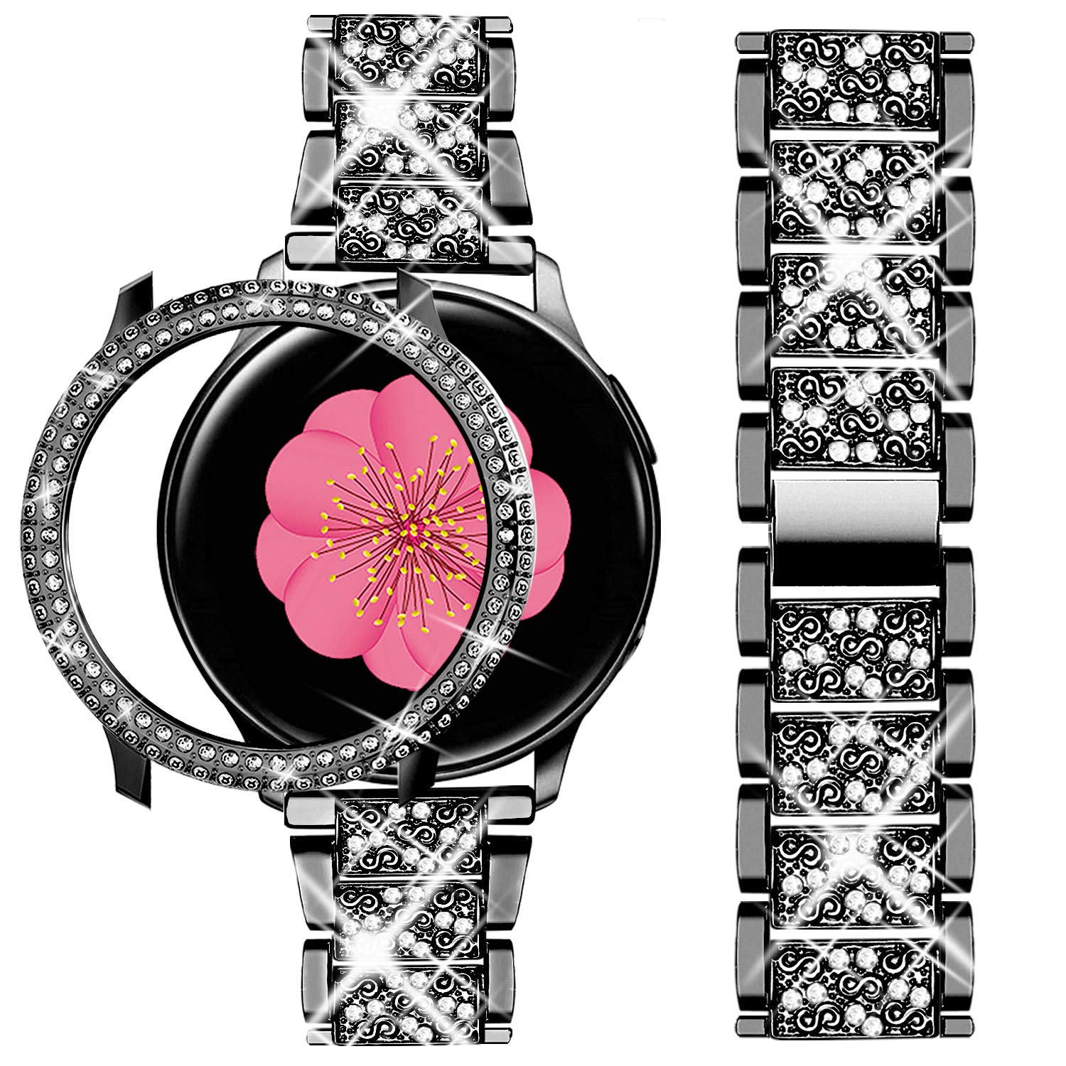 AMODOO Compatible for Samsung Galaxy Watch Active 2 Band 40mm 44mm + Case, Women Replacement Strap& Full Around PC Bumper