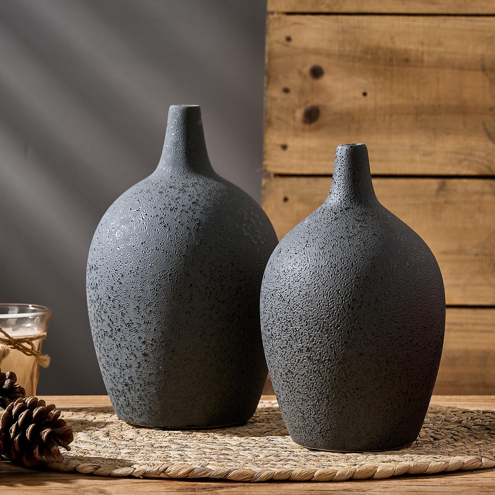 SIDUCAL Ceramic Rustic Farmhouse Vase Set, 2PC Terracotta Vase, Minimalist Decorative Vases for Home Decor, Table, Living Room, Shelf, Mantel Decoration(Black)