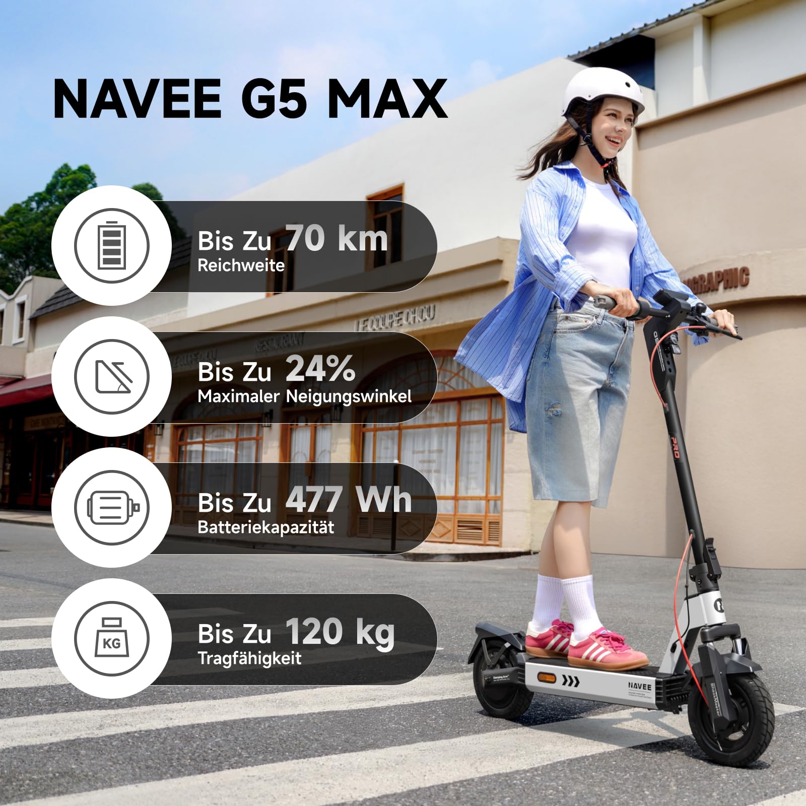 NAVEE G5 MAX E-Scooter mit Straßenzulassung - 70 km reichweite, 20 km/h, 120 kg tragkraft, 24° Steigung, ipx5 wasserdicht, fernentriegelung,4-Zoll-Display, find My & navee app, dual Suspension System