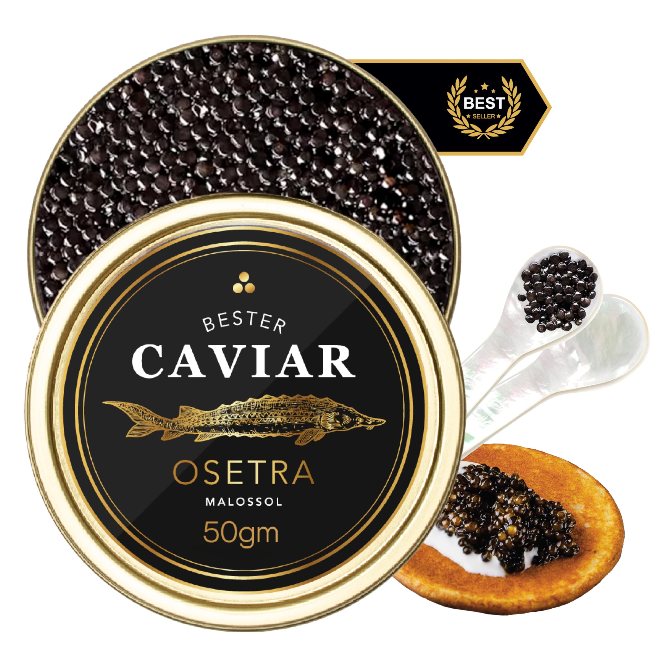 BESTER CAVIAR Premium Osetra Sturgeon Caviar – Traditionally Harvested Malossol Ossetra Black Roe with Mother of Pearl Spoon – Single Tin (1.76 oz)