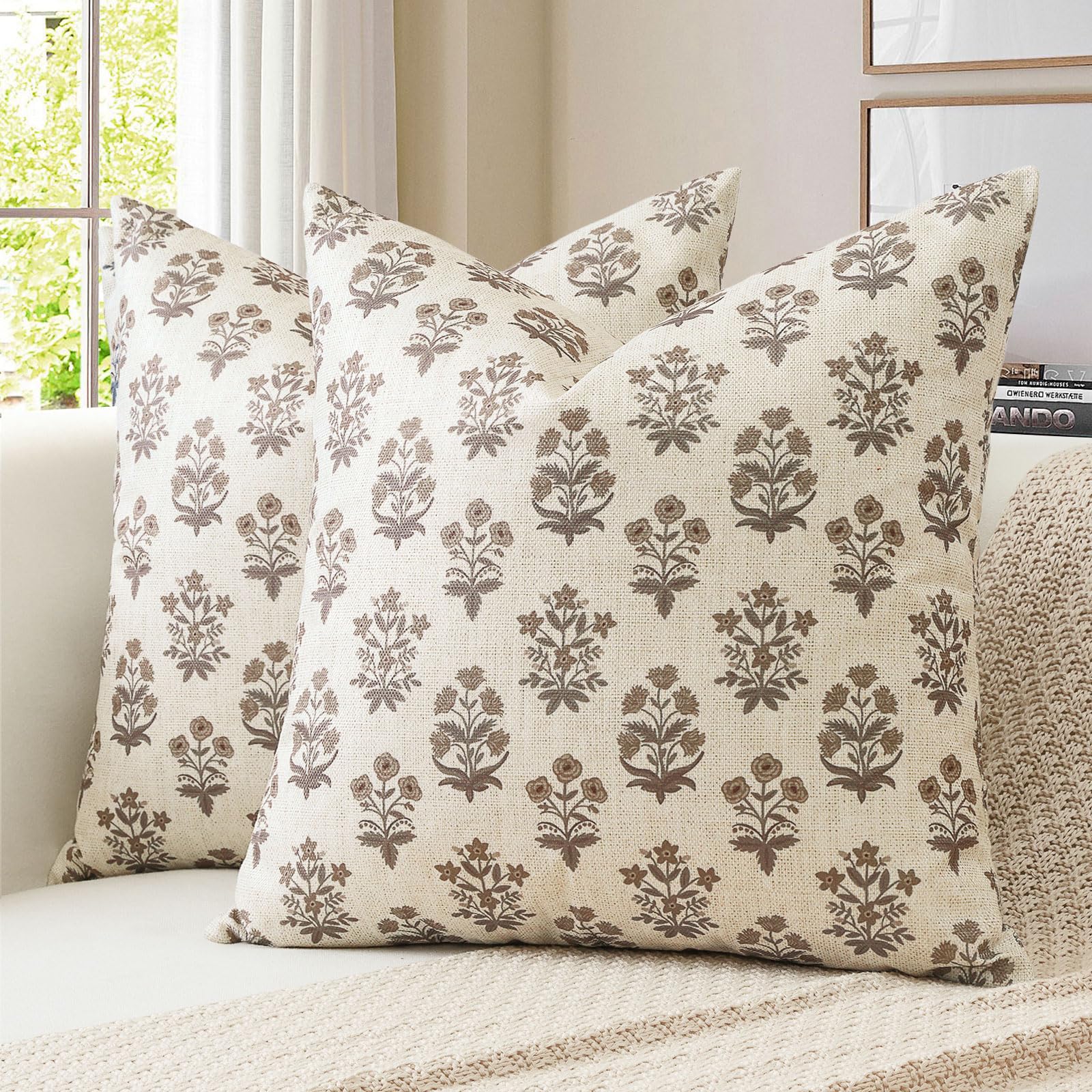 JOTOM Brown Floral Cushion Covers 55x55 cm Set of 2 Double Sided Vintage Flower Printed Pillow Covers Farmhouse Decorative Throw Pillow Cases for Couch Sofa Bedroom (Brown)