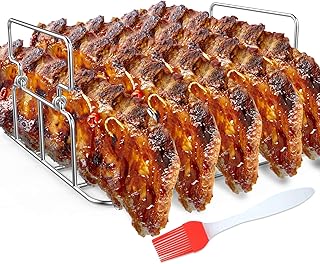 RUSFOL Durable Stainless Steel Rib Rack with a Silicone Oil Brush, BBQ Stand with 2 Handle for Smoker,Oven and Grill, Cook up to 5 Ribs at a time