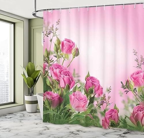 Miniatura 4 de Ambesonne Cortina de ducha con flores, diseño de rosas, hojas y brotes, imagen de atmósfera degradada, juego de decoración de baño de tela con