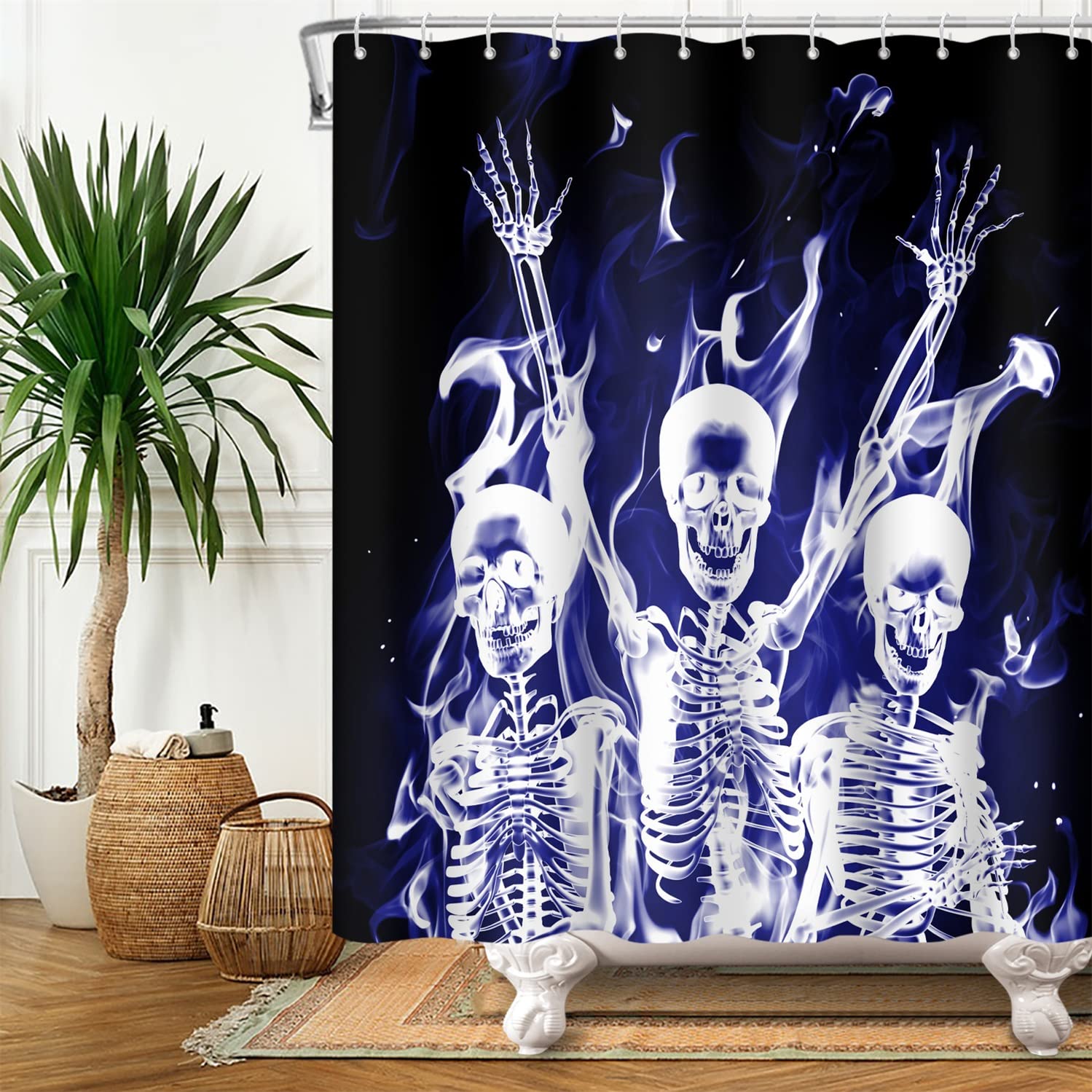 SDOTPMT 175x190cm Creepy Skeleton Shower Curtain Skull with Blue Flame Halloween Horror Theme Bath Curtain Black Bathtub Curtain for Kids Bathroom Decor Fabric Polyester Waterproof with Hooks