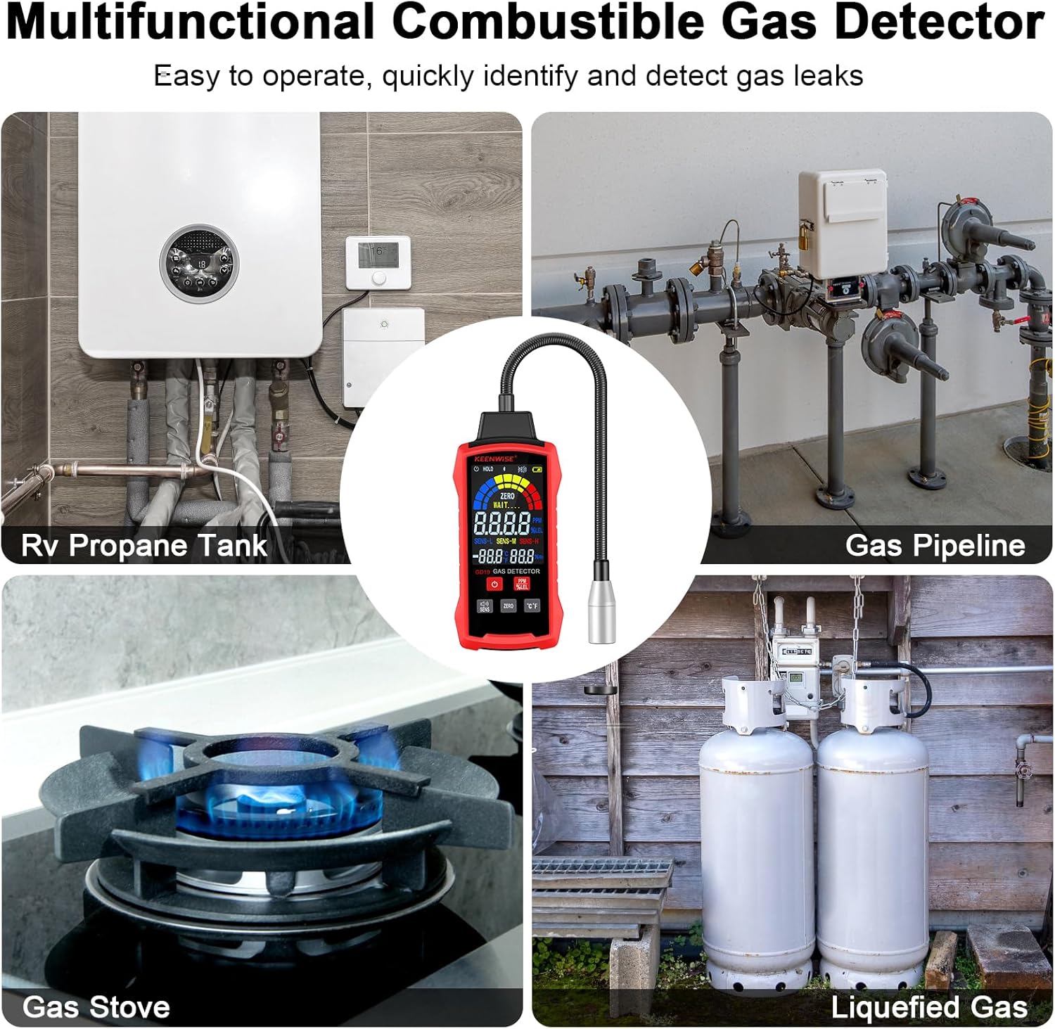 Gas Leak Detector, Natural Gas Detector with Gooseneck, LCD Display, PPM or%LEL Gas Real-Time Gas Concentration Display Portable Natural Gas Tester with Audible & Visual Alarm for Home and RV