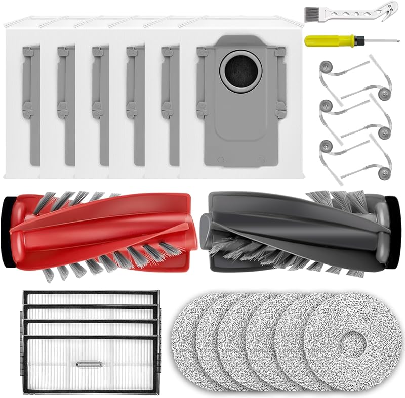 Kit de accesorios de repuesto Saros 10R de 25 piezas compatible con Roborock | Para Saros 10R / 20 / Qrevo Curv X, 6 bolsas de polvo de carbón activado, 1 juego de cepillo principal, 4 filtros HEPA, 6 almohadillas para fregona, 6 cepillos laterales