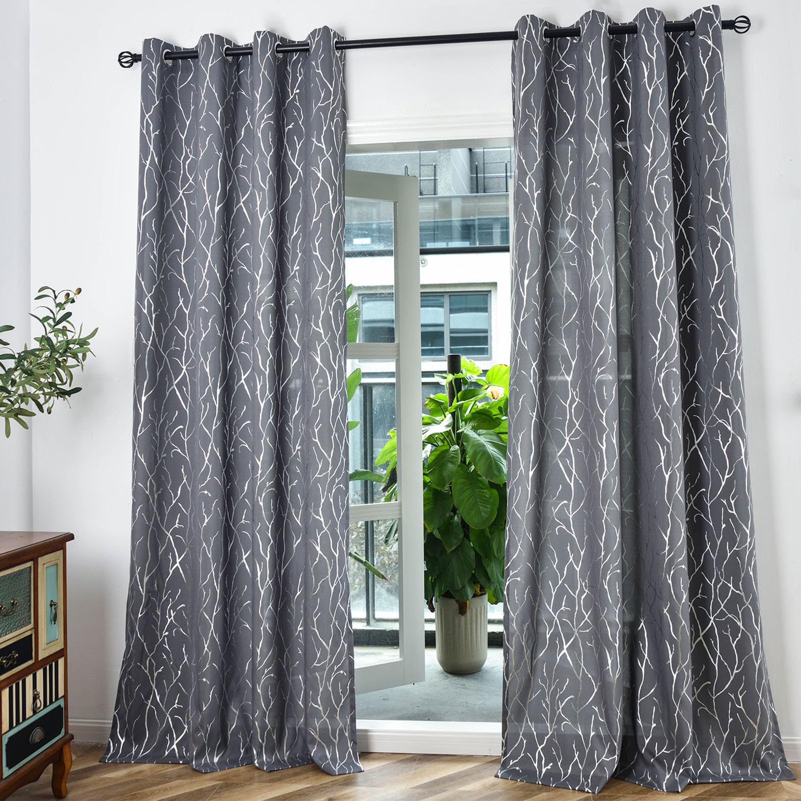 Kotile Silver Grey Curtains 63 Inch Length for Bedroom Metallic Silver Foil Tree Branch Curtain Panels - Image 2