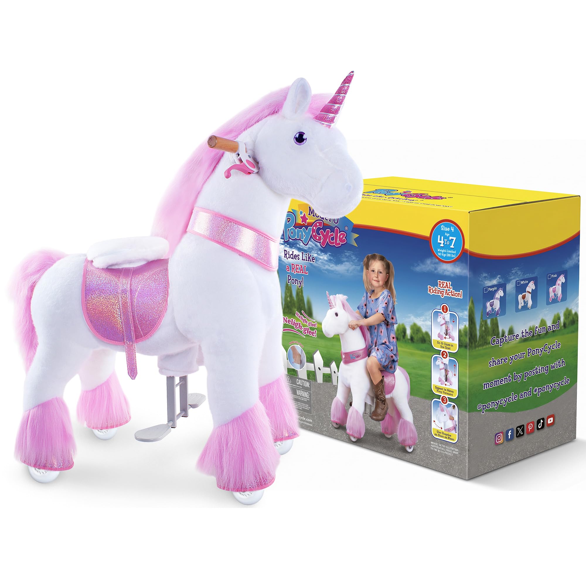 PonyCycle Oficial Clásico Modelo U Unicornio para Montar Juguete de Peluche Que Camina con Ruedas Regalo para Niños&Niñas (con Freno y Sonido/Talla 4 para Edades de 4-7 años) Unicornio Rosa Ux402