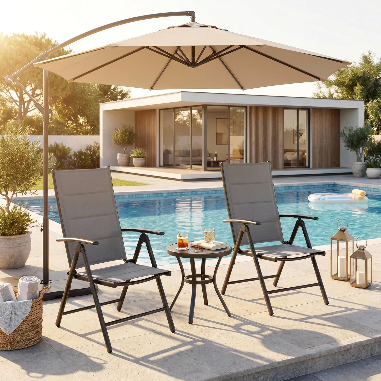 LIFERUN Juego de 4 sillas de jardín con respaldo alto, plegable, silla de balcón de aluminio, hasta 120 kg, con respaldo y asiento acolchados, 7 posiciones, silla de comedor para exteriores, con