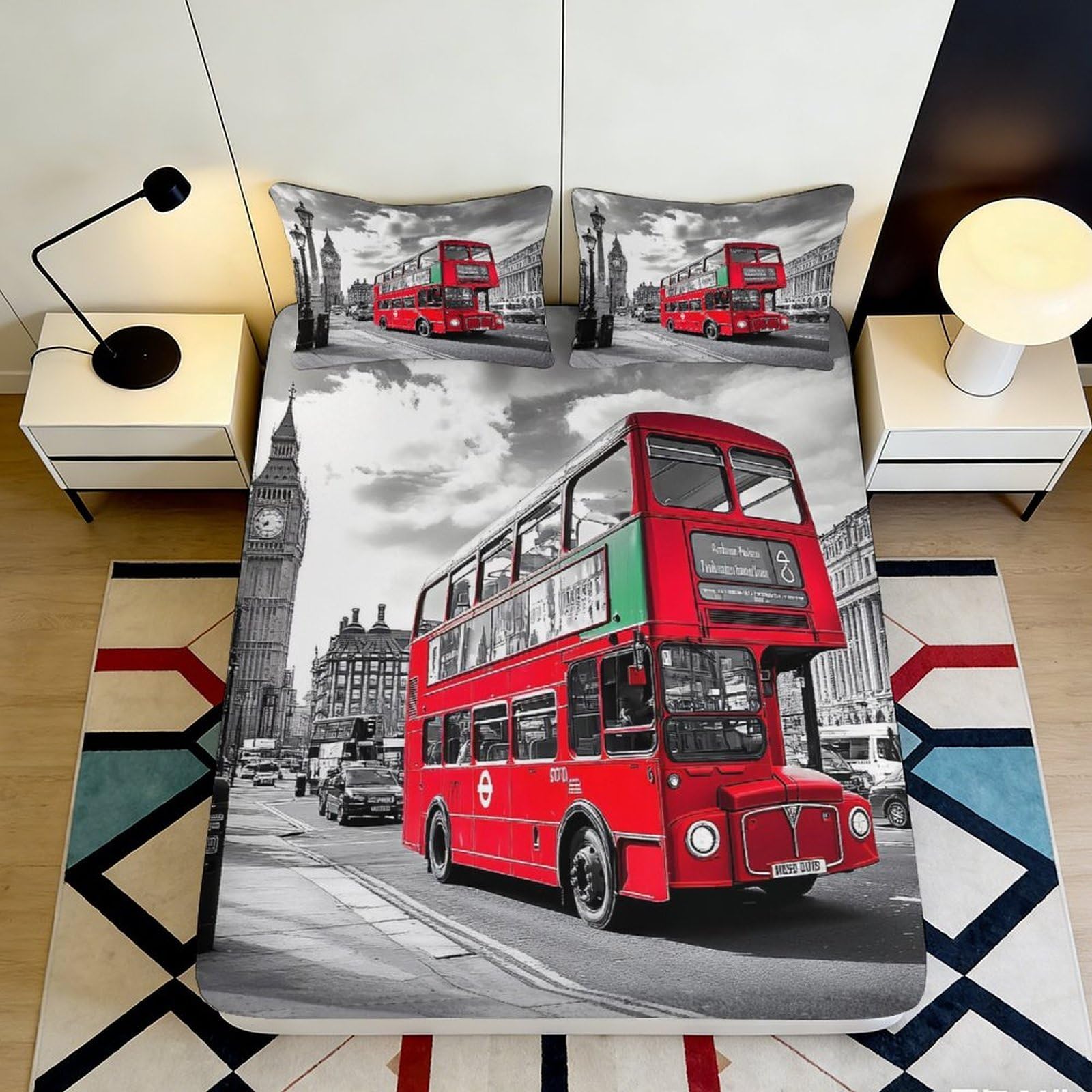 Jqzkxnhpbr Style-2 3D Printed London Red Bus Fitted Sheet Microfiber Soft Breathable Cityscape Bed Cover For Bedroom Decor 90X200x25cm
