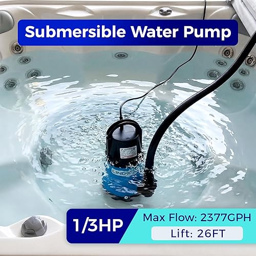 Miniatura 2 de Bomba de sumidero de 1/3 HP para drenaje de piscina, bomba de agua sumergible portátil termoplástica con cable de 10 pies, 115 V, 2370 GPH bomba