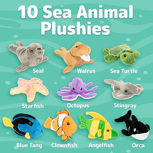 Miniatura 2 de Prextex Juego de 10 piezas de animales marinos de peluche suave surtido de vida marina tortuga manta pez nemo ballena asesina y más