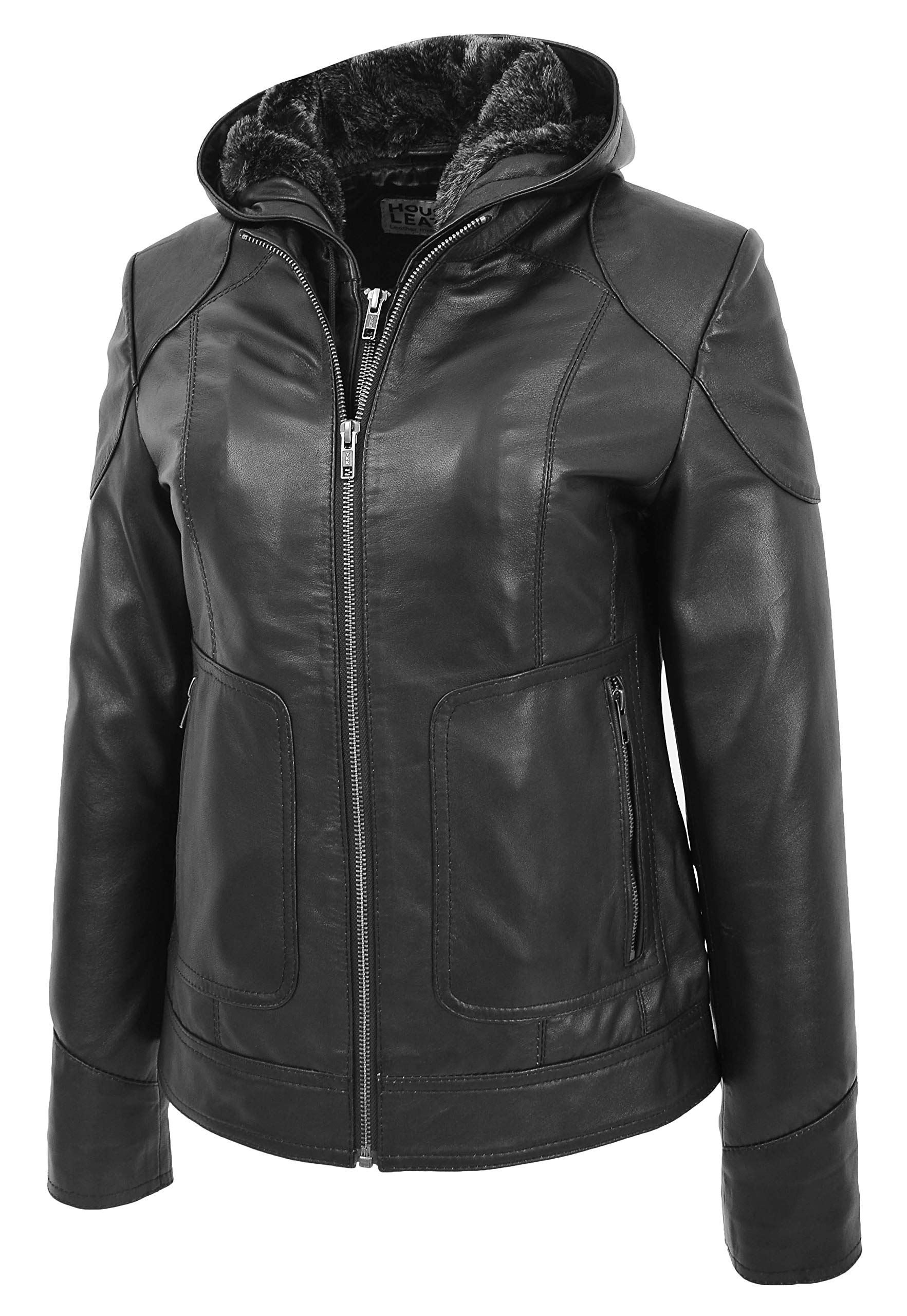 Chaqueta de cuero real para mujer con capucha desmontable estilo motero Brooke negro
