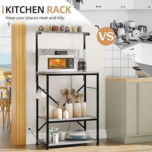 Miniatura 5 de Shintenchi Estante para panaderos con toma de corriente, organizadores de cocina y almacenamiento con 6 ganchos, soporte para horno microondas,