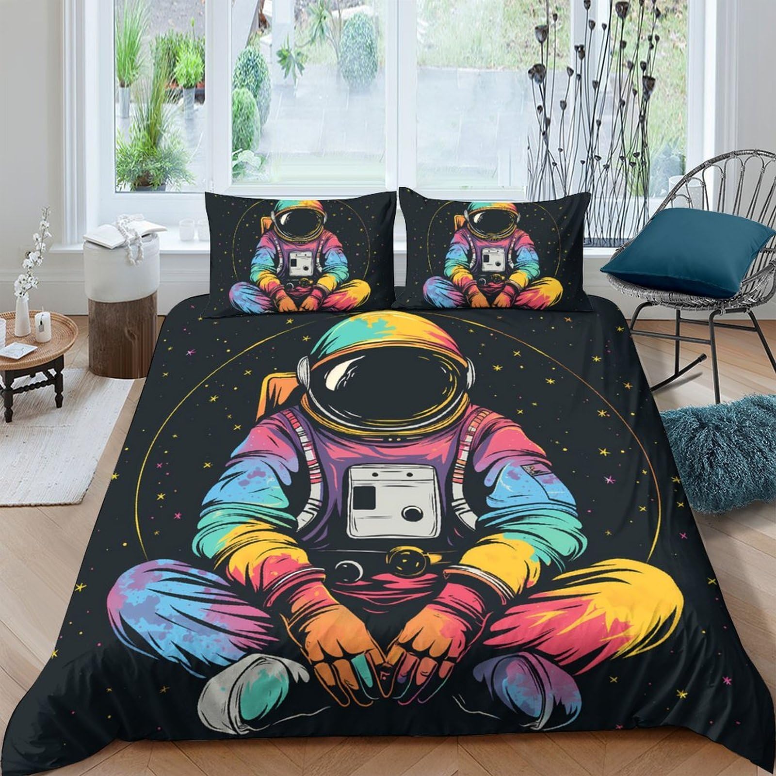 Ctjqhvkz Style-1 3D Printed Colorful Astronaut Fitted Sheet Microfiber Soft Breathable Space Universe Bed Cover For Bedroom Dorm Rental Decor Single（135X200cm）