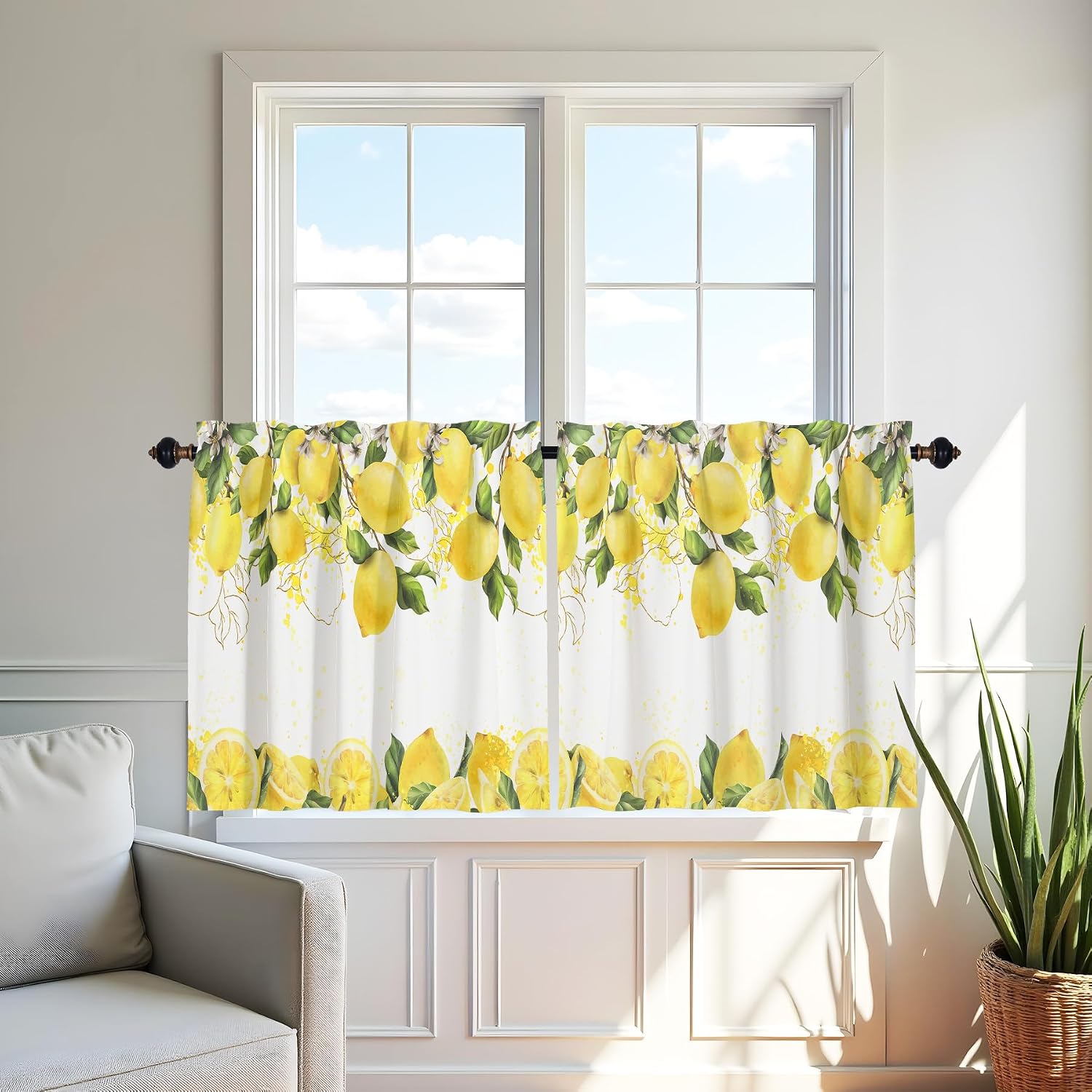 Yellow Lemon Cafe Curtains Tier Set 24 Inch Kitchen Curtains