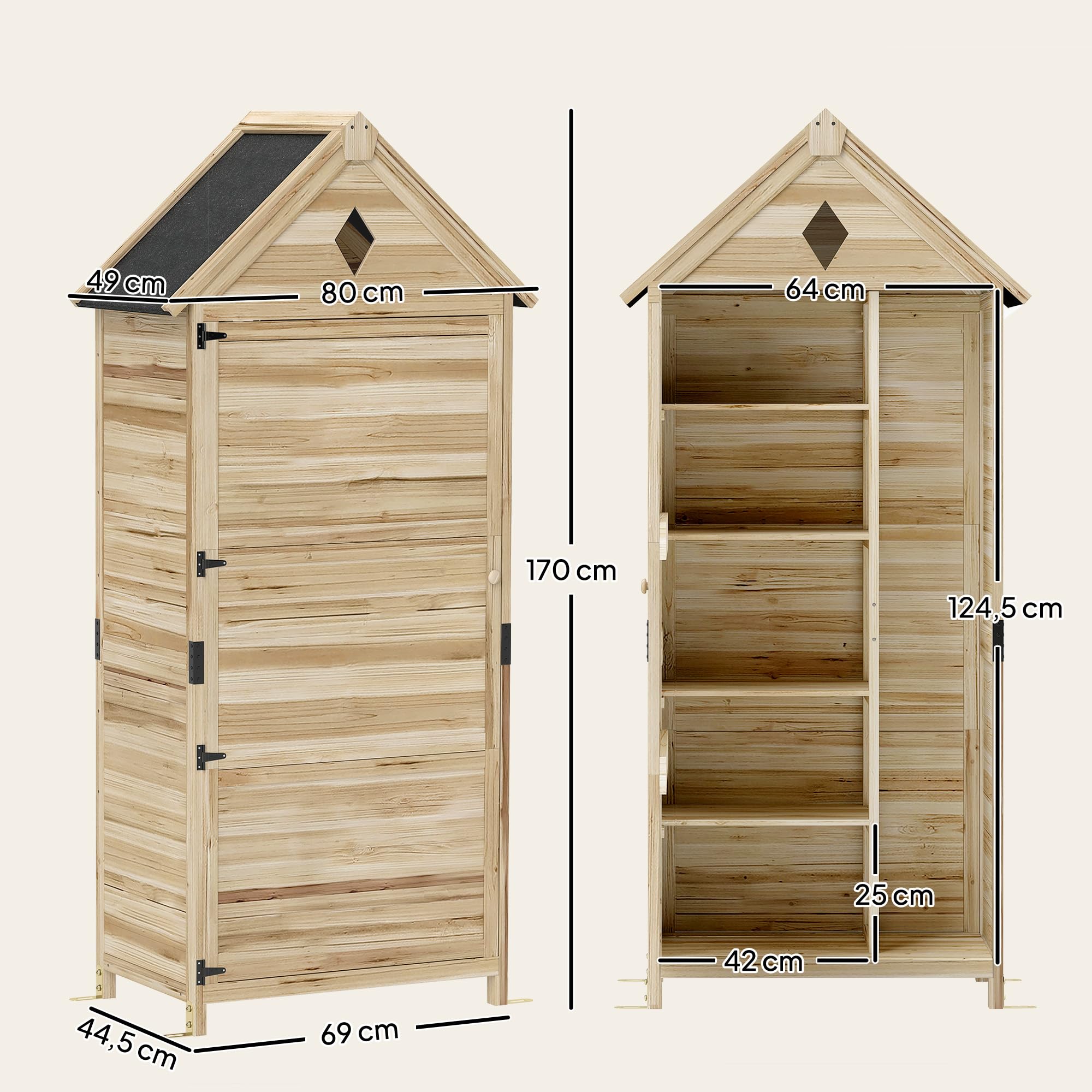 Outsunny Gartenschrank Holz, wasserdicht Geräteschuppen 80 x 49 x 170 cm, wetterfest Gerätehaus mit Tür, Satteldach, Ablagen, Geräteschrank, Werkzeugschrank Gartenschuppen für Garten, Rasen, Naturholz