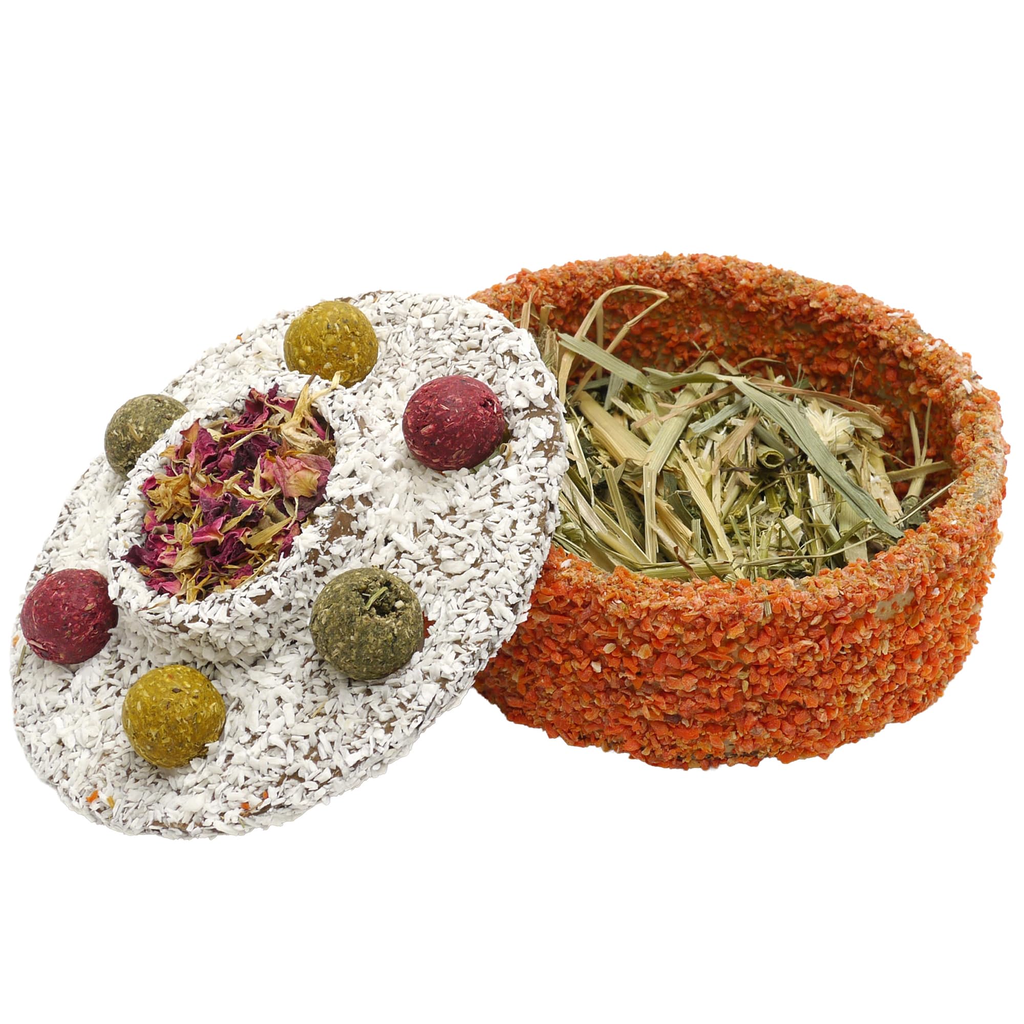 Rosewood Naturals: torta celebrativa – Confezione da 4 – 3 x 5 dessert di carota, snack di compleanno per piccoli animali, mix di erbe nascoste sotto il coperchio, ricompensa per conigli e animali