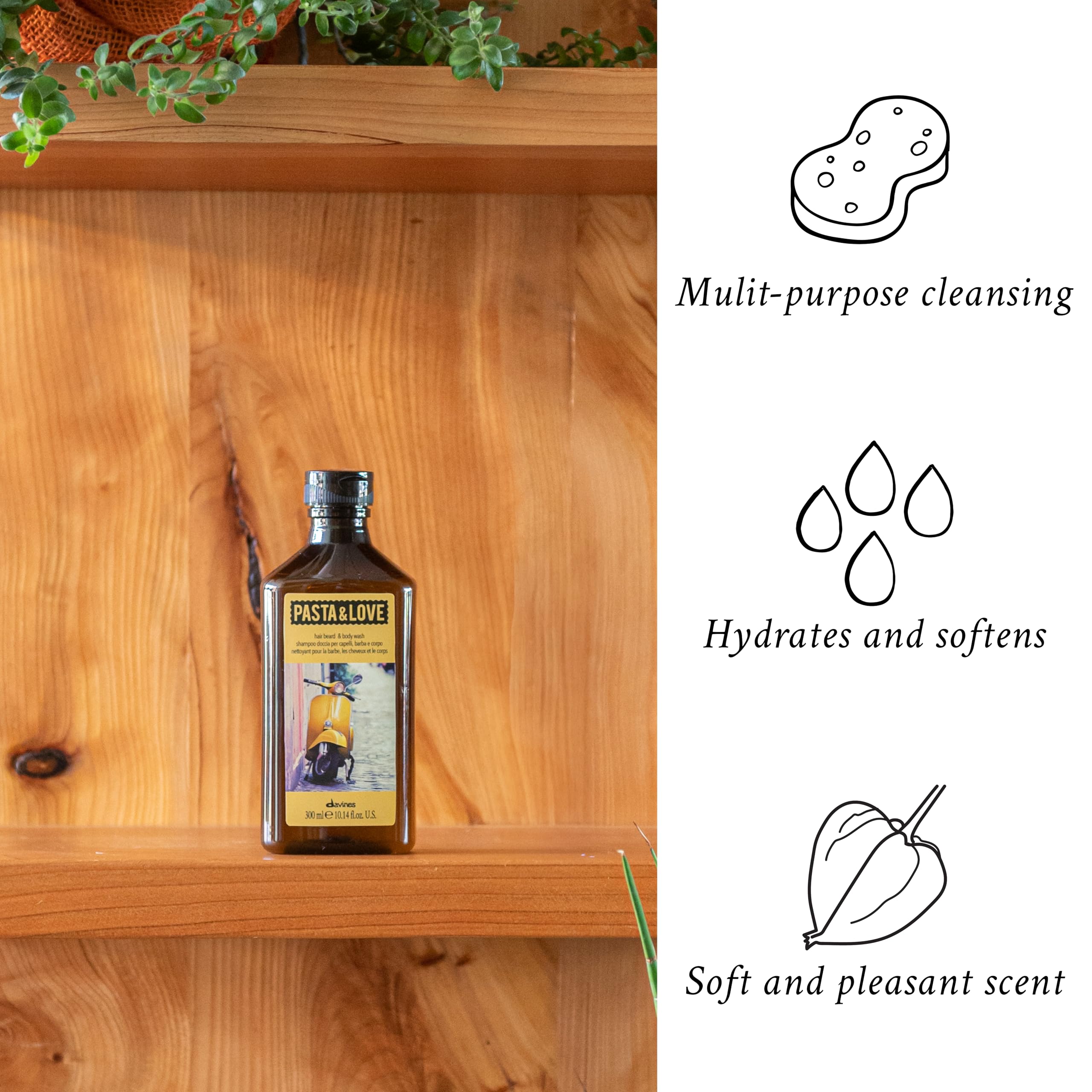 Davines Pasta & Love Hair Beard & Body Wash, 3-in-1 Hydrating Cleanser - Gently Washes Away Impurities & Softens Hair & Skin without Drying - Daily Freshness, 10.14 Fl Oz