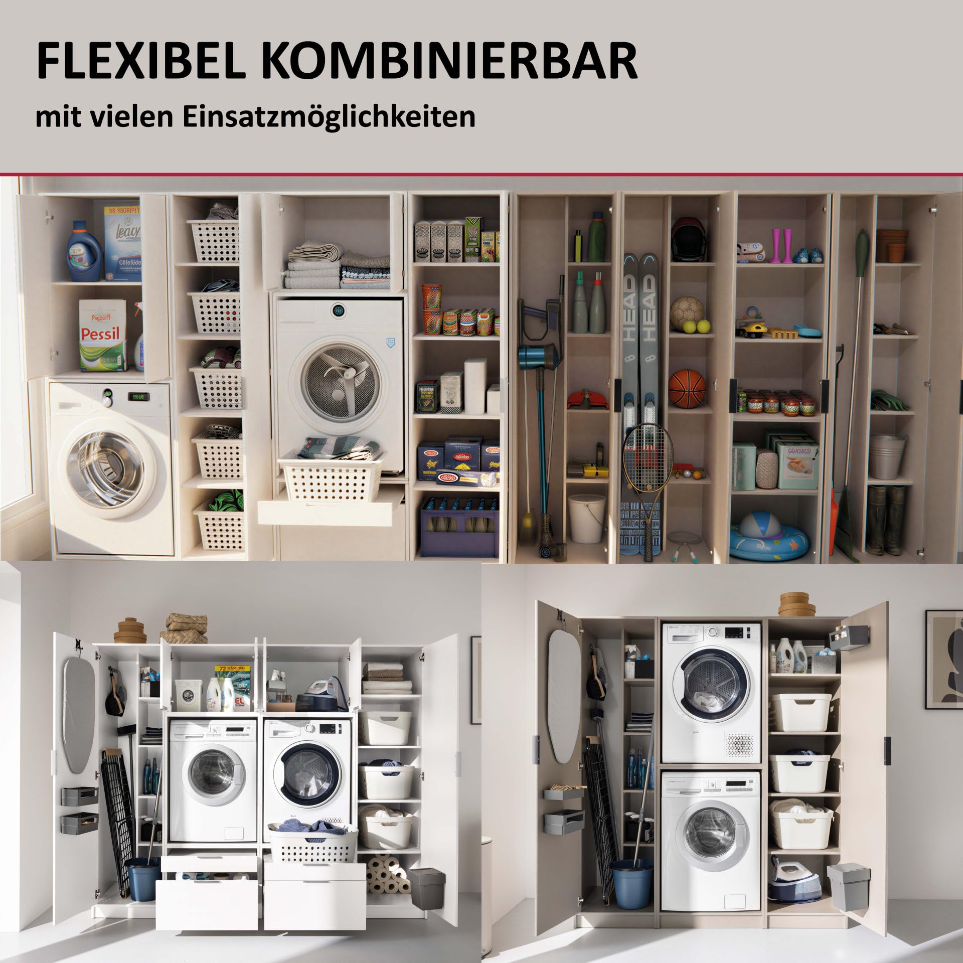 FACKELMANN Unterbau-Schrank – 65 x 50 x 65 cm, Kaschmir, Made in Germany | Hauswirtschaftsschrank mit 2 Schubladen & Softclose, Auszug für Wäschekörbe, kombinierbarer Mehrzweckschrank