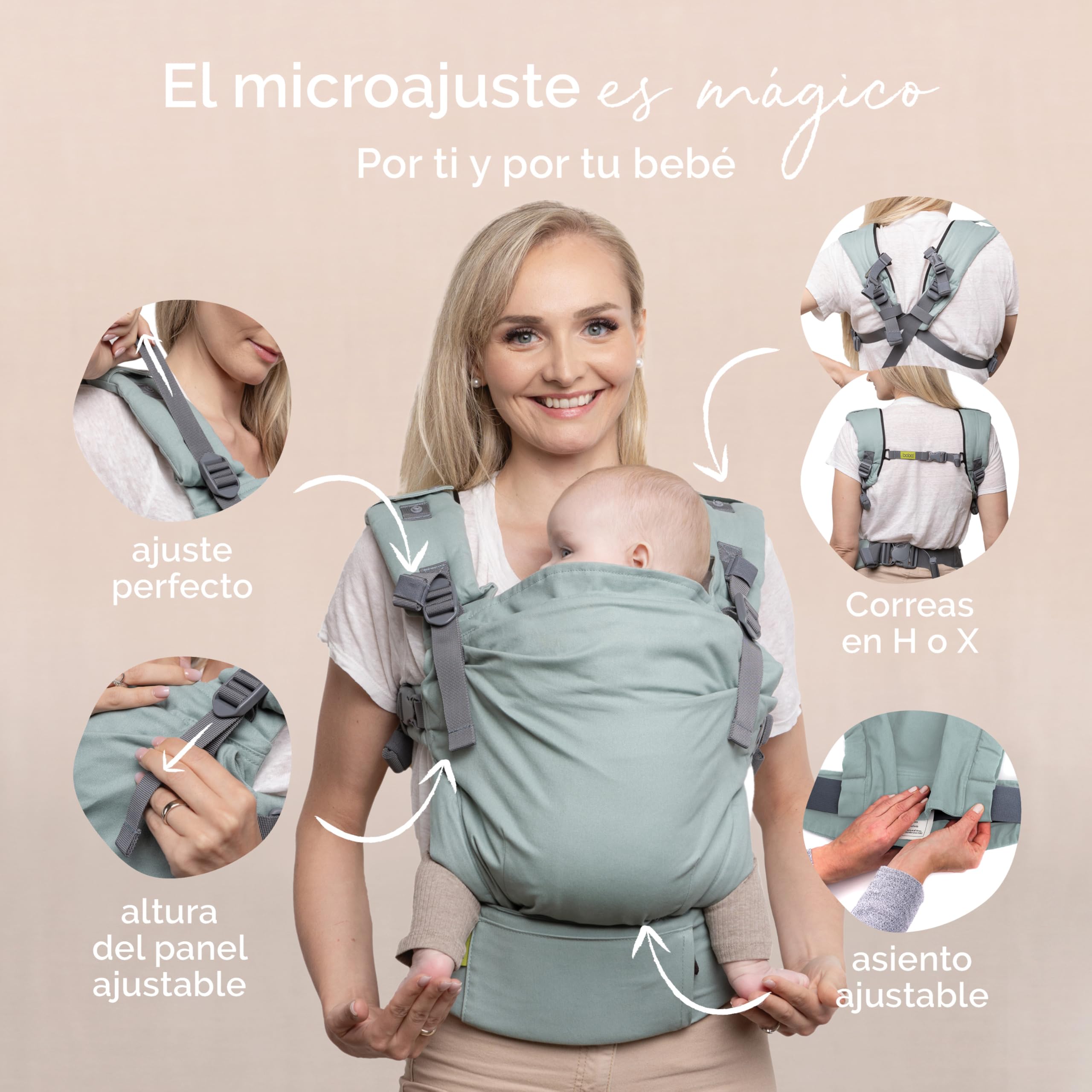 Boba X Mochila Portabebés Ergonómica - Ajustable de Bebé Recién Nacido a Niño - 2 en 1: Portabebé Delantero y Mochila de Porteo a la Espalda con Tirantes Cruzados (3-20 kg) - Sea Mist — view 4