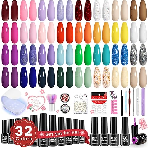 phoenixy Juego de 35 esmaltes de uñas de gel, 32 colores con base brillante mate, capa superior color nude, rosa y azul, para todas las estaciones,
