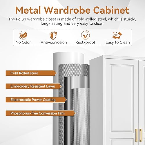 Miniatura 4 de Metal Armoire Wardrobe Closet, 71" Tall White Wardrobe Cabinet with 2 Doors, Hanging Rod and Adjustable Shelves, Steel Clothing Storage Cabinet for