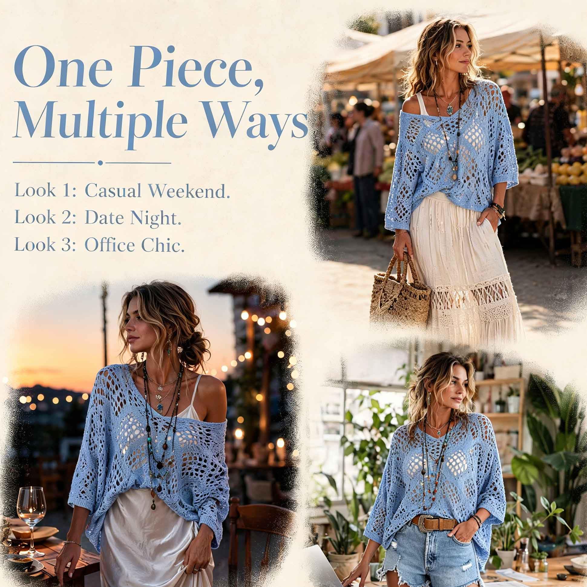 Top Donna Uncinetto 2026 Boho Estivo Traforato Manica 3/4 Leggero Traspirante Copricostume Mare