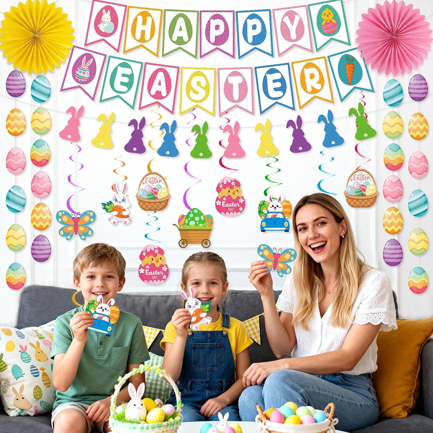 55 Pcs Easter Decorations, Happy Easter Banner Hanging Decorations for Office Home School Classroom Easter Party Decorations