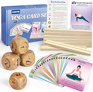 Yoga Cards for Women Beginners, Yoga Pose Workout Cards for Kids with Wooden Yoga Dice and Card Holder, Yoga Gift for Adults/Seniors/Teacher