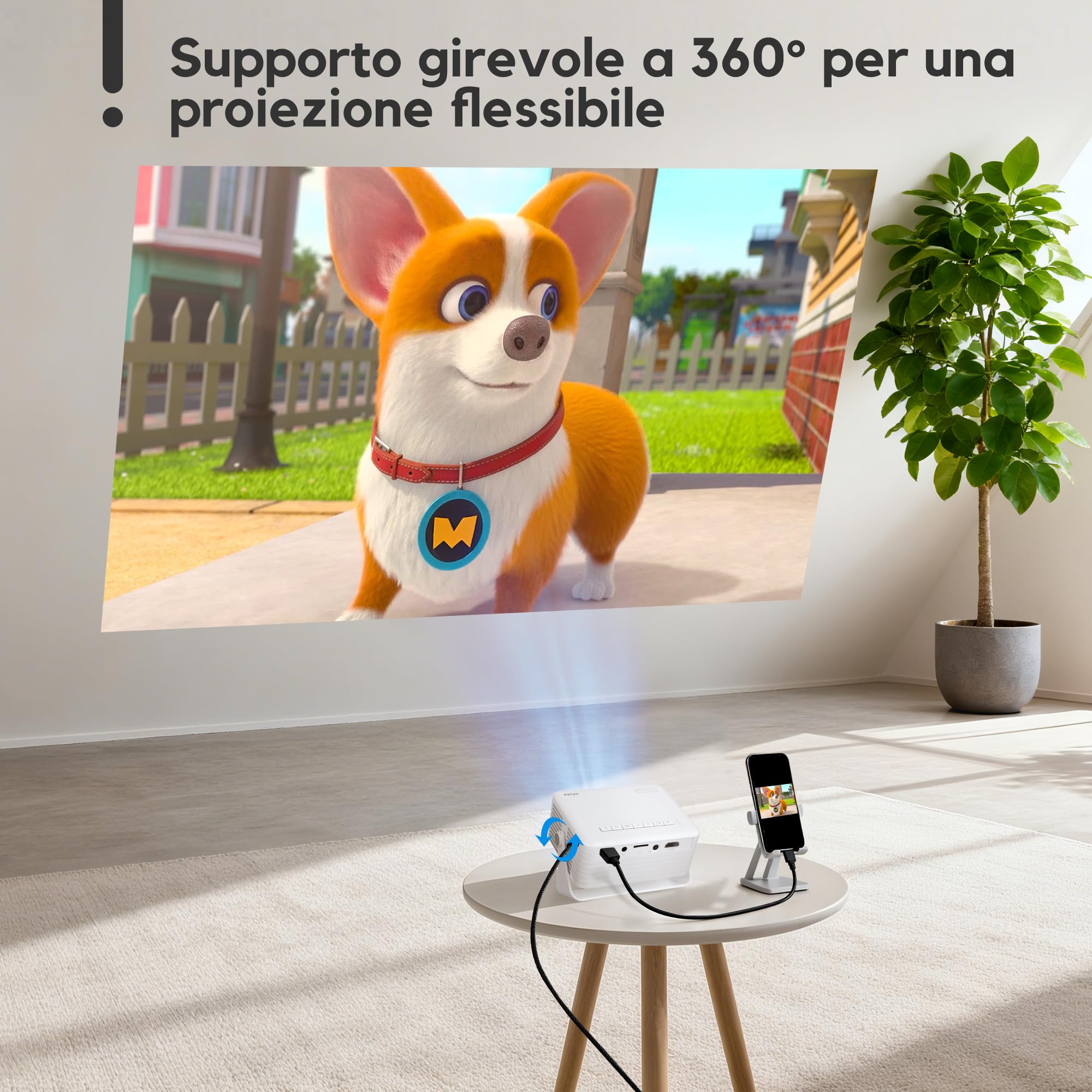 AKIYO O1 Proiettore Portatile 15000 Lumens, 4K Supporto Full HD 1080P, Auto Keystone, Rotabile 360°, per Phone/TV Stick/HDMI/USB/TF