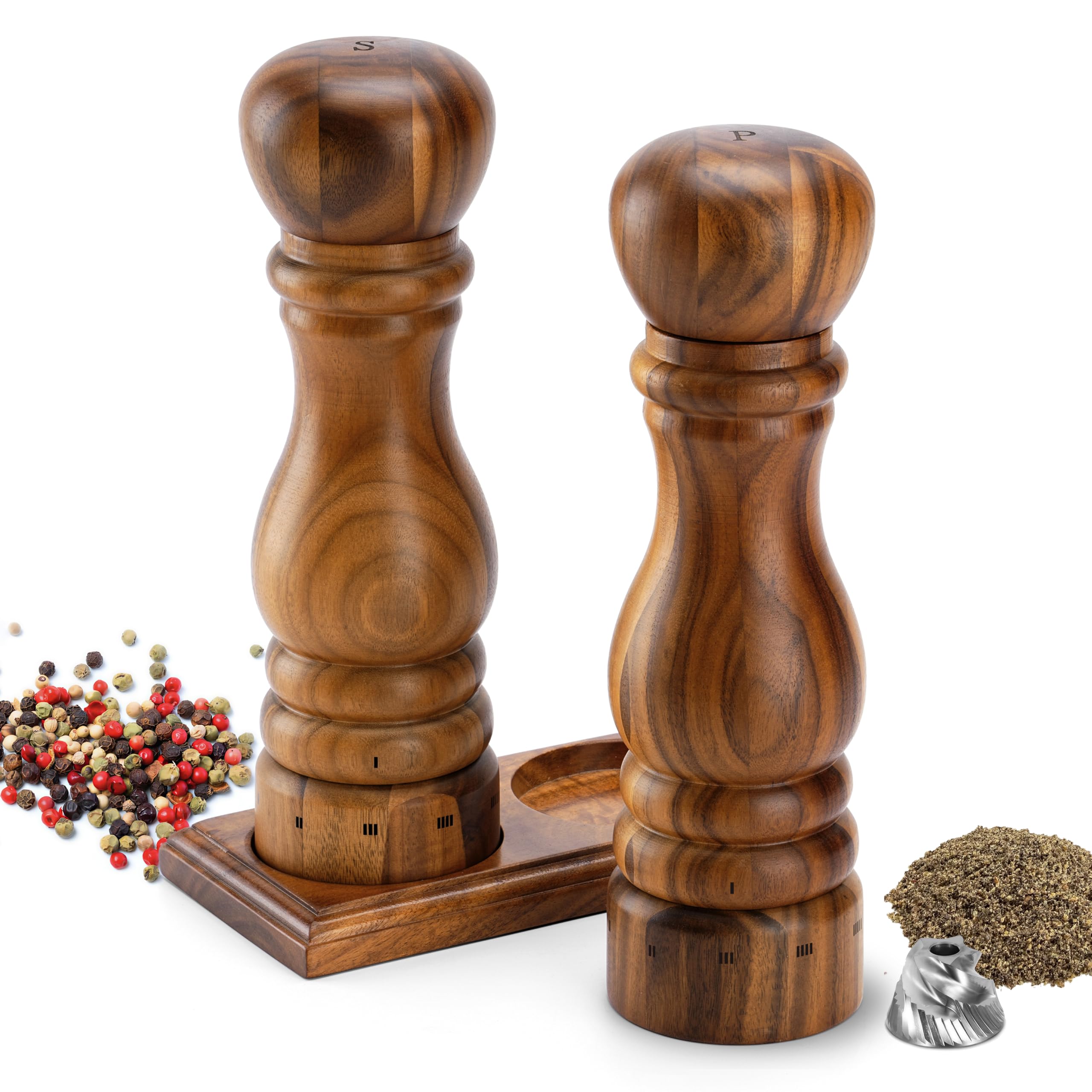 Juego de Molinillos de Sal y Pimienta de Madera, Manual con Núcleo de Cerámica/Acero Inoxidable, Recargable, Ajuste de Grosor Externo, 23 cm, Acacia