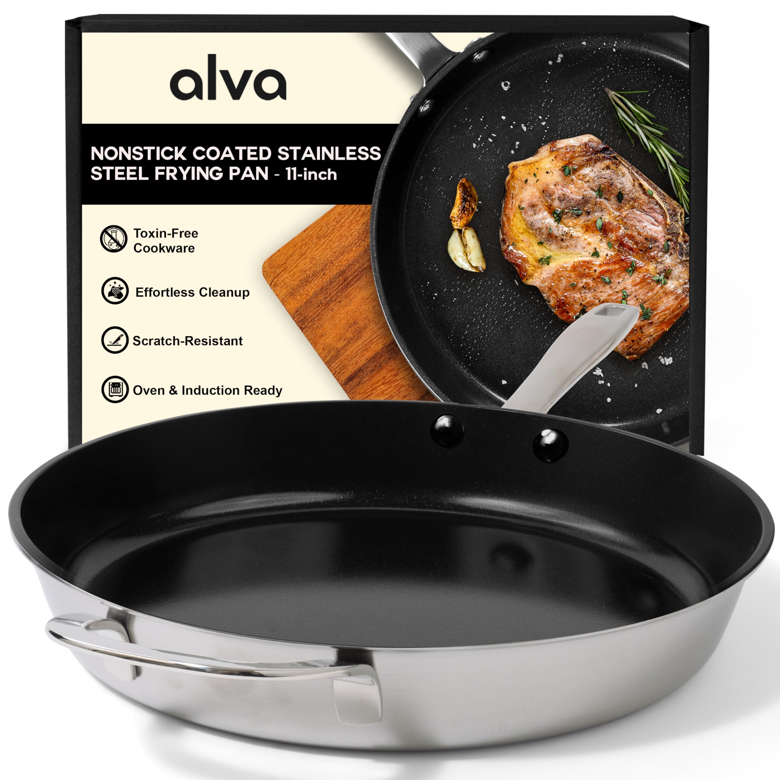 Alva Maestro 11-Inch Stainless Steel Nonstick Frying Pan Made Without PFAS PFOA PTFE Ceramic Coating Reinforced 5-Ply Aluminum
