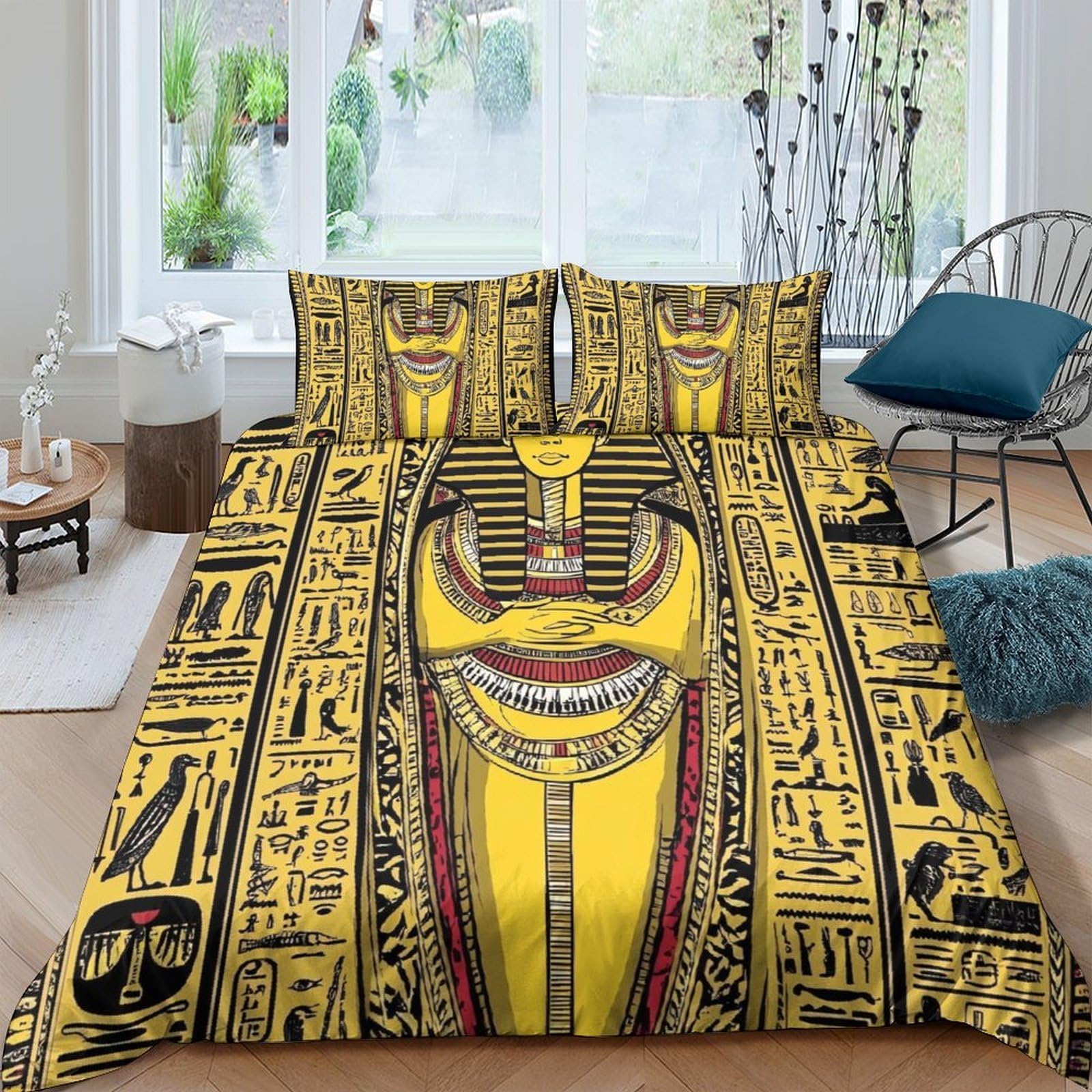 GPLZQXKJNH 3D Printed Egyptian Pharaoh Duvet Cover Set Microfiber Gold Sarcophagus Bedding with 2 Pillowcases for Bedroom Home Decor Single（135x200cm）