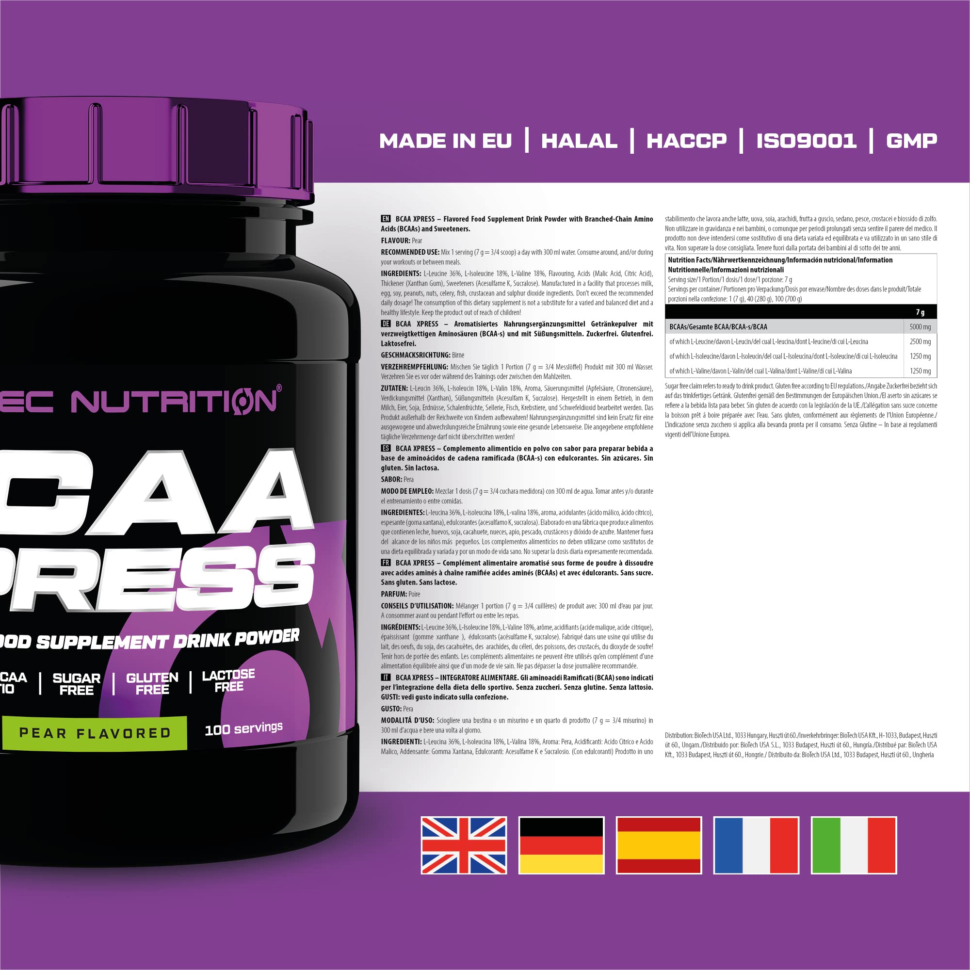 Scitec Nutrition BCAA Xpress, Zucker-, Gluten- & Laktosefrei, 5g reine BCAA, Muskelaufbau & Wachstum, 2:1:1 Aminosäurenverhältnis, aromatisiert & leicht zu mischen, 700 g, Birne