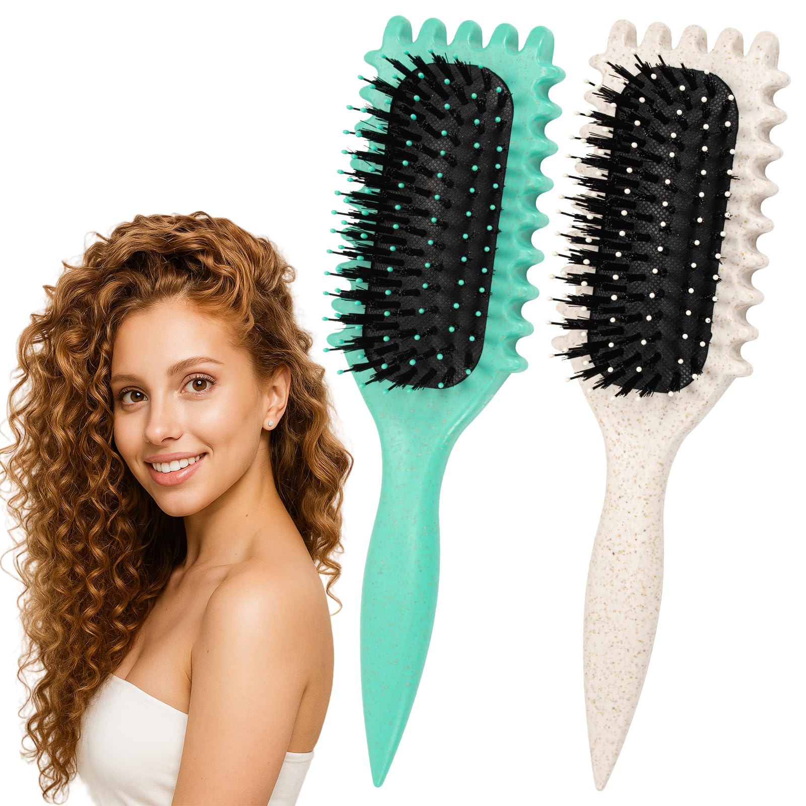 MEQUER 2 Pack Curly Hair Brush, Define Hairbrush with Boar Bristle, Defining Curling Detangling Hair Brush for Women Men, Comb for Wet Dry Hair, Styling Tools, Brosse a Cheveux-Gr Wh