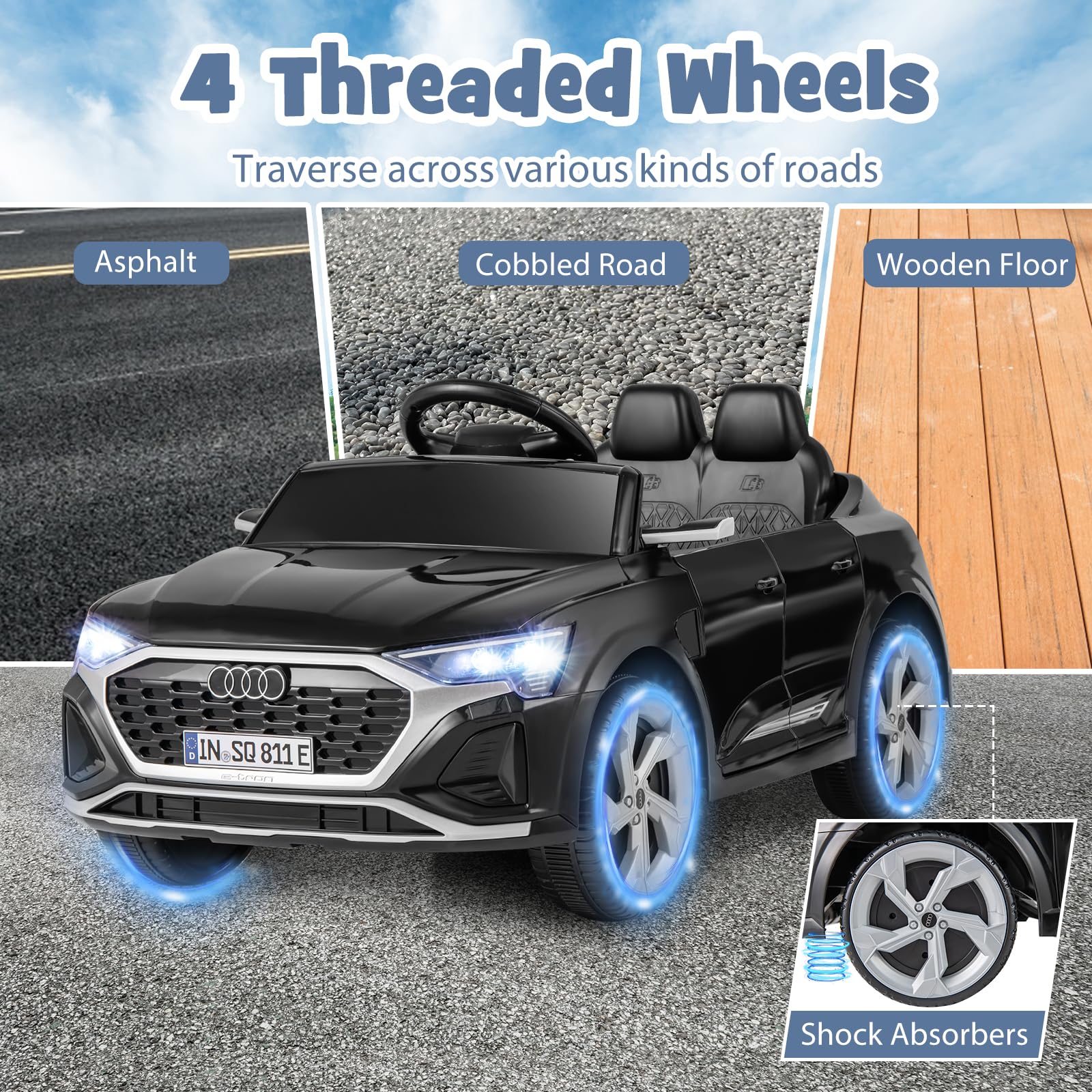 FANTASK Kinder Elektroauto, 12V Kinderauto Audi SQ8 mit 2,4G Fernbedienung & Hupe & Scheinwerfer & Musik, 3-Gang Elektrofahrzeug für Kinder 3-5 Jahre, 3-5 km/h (Schwarz)