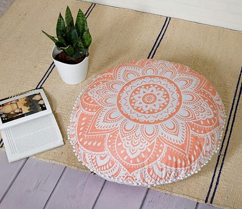 Popular Handicrafts Funda de cojín grande con diseño de mandala hippie y pasión, funda de cojín, funda de puf, redonda, bohemia, decoración de yoga,