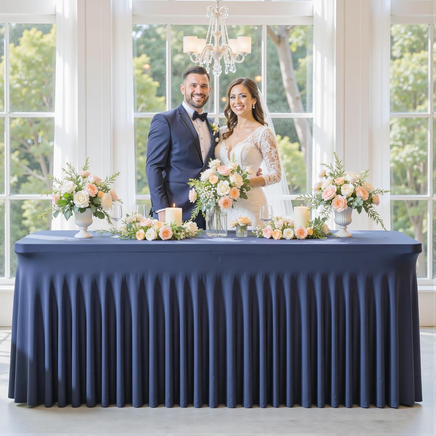 gogoparti 2 Pack Spandex Navy Blue Fitted Table Cloth for 6ft Rectangle Tables Navy Blue Stretch Tablecloth Banquet Table Covers Skirt Wrinkle Free Tablecloths for Parties Wedding