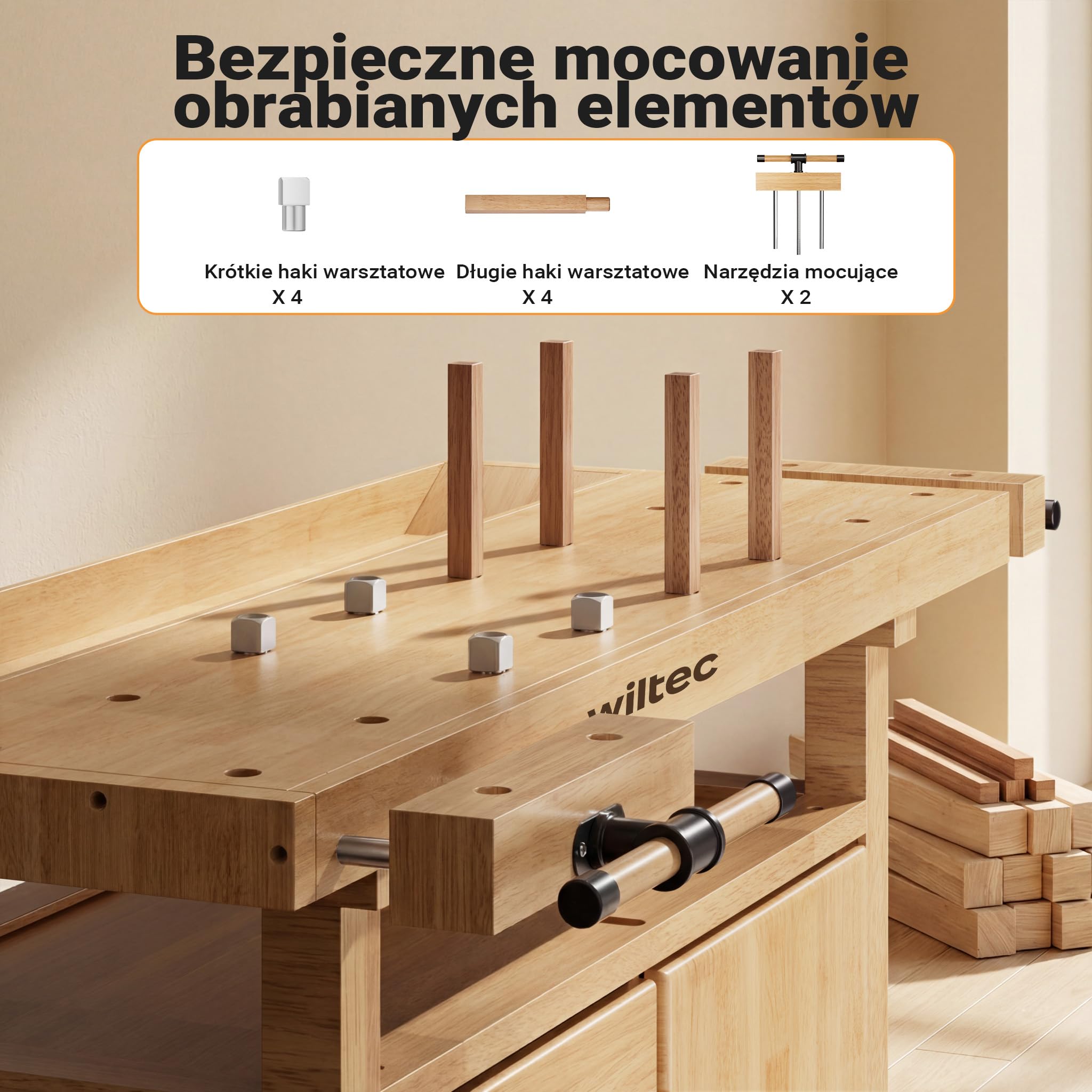Wiltec Strugnica stół warsztatowy z drewna 126x50x84cm ława stolarska imadła haki szuflady i półka